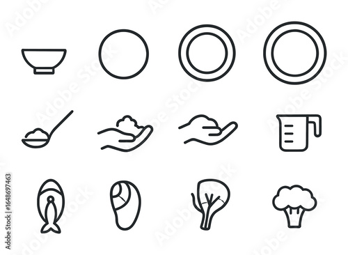 Portion Size Icons. Outline icon set of portion sizes and servings: small bowl, medium plate, large plate,