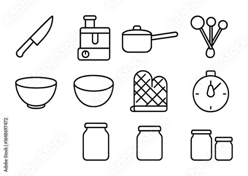 Kitchen Tools Icons. Outline icon set of kitchen tools for meal prep: cutting knife, food processor, saucepan,