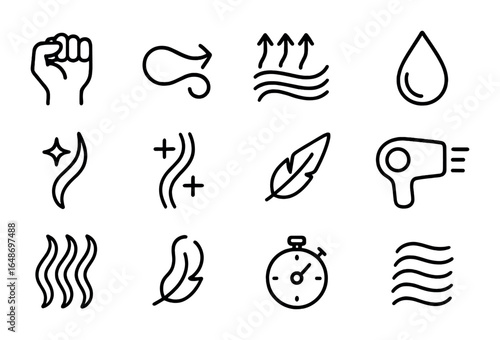 Hair Product Benefits Icons. Outline icon set of hair product benefits: strong hold, flexible hold, volumizing