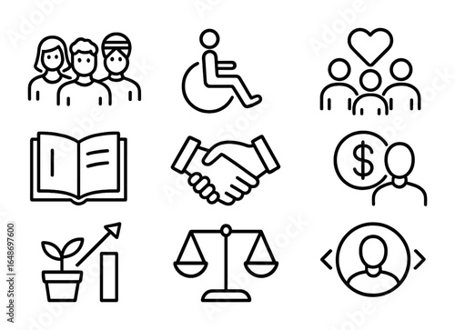 Inclusive Finance Icons. Outline icon set of inclusive finance and empowerment: diverse users, accessibility
