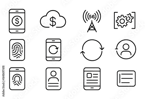 Mobile Banking Icons. Outline icon set of mobile banking technology: smartphone, cloud computing, 5G signal,