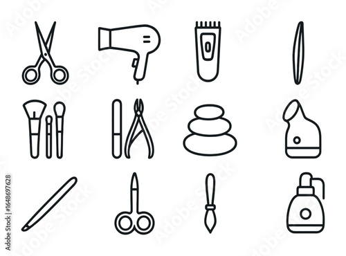 Clean Beauty Icons. Outline icon set of clean beauty equipment: scissors, hairdryer, clippers, tweezers,