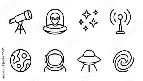 Alien Life Icon Set. Outline icon set of exploring the possibility of alien life in distant star systems: