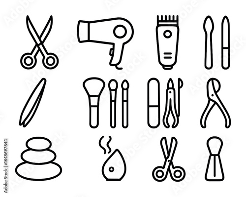 Clean Beauty Icons. Outline icon set of clean beauty equipment: scissors, hairdryer, clippers, tweezers,