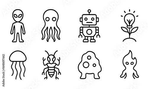 Alien Life Icons. Outline icon set of hypothetical alien life forms: humanoid alien, tentacled creature,