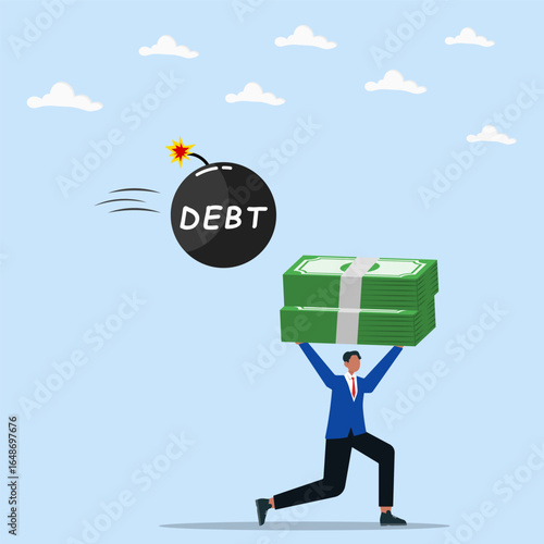 Businessman carrying money stack while chased by debt bomb. Concept of financial risk, crisis, and money management challenge
