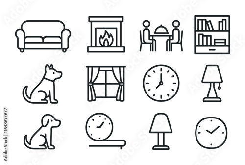 Home Comfort Icons. Outline icon set of home and comfort: cozy sofa, fireplace, family dinner, bookshelf, pet