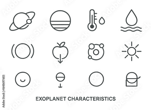 Exoplanet Icon Grid. Outline icon set of exoplanet characteristics: planet orbit, atmospheric layers, surface