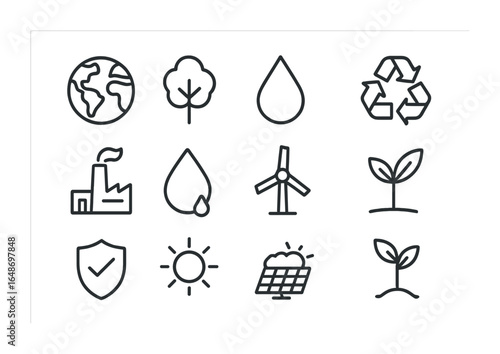 Environmental Impact Icons. Outline icon set of environmental impact: globe, tree, water droplet, recycling,