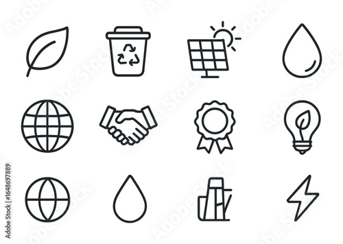 Social Responsibility Icons. Outline icon set of social responsibility initiatives: eco leaf, recycling bin,