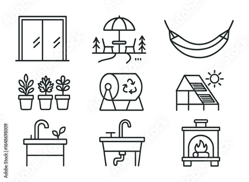 Eco Living Icons Grid. Outline vector icons of indoor-outdoor eco living: sliding glass door, green patio,