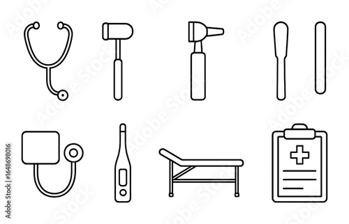 Medical Examination Icons. Outline vector icons of doctor performing a physical examination: stethoscope,
