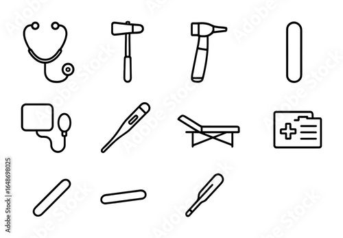 Medical Examination Icons. Outline vector icons of doctor performing a physical examination: stethoscope,