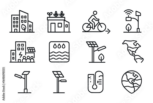 Urban Sustainability Icons. Outline vector icons of urban sustainability: green building cluster, rooftop