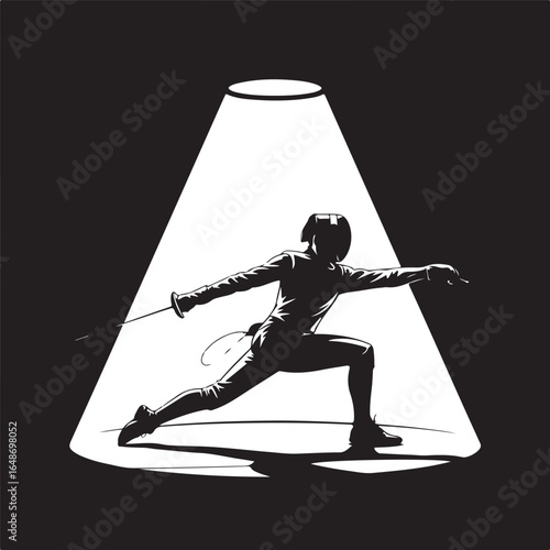 Fencer in action stance under spotlight, dynamic sport illustration