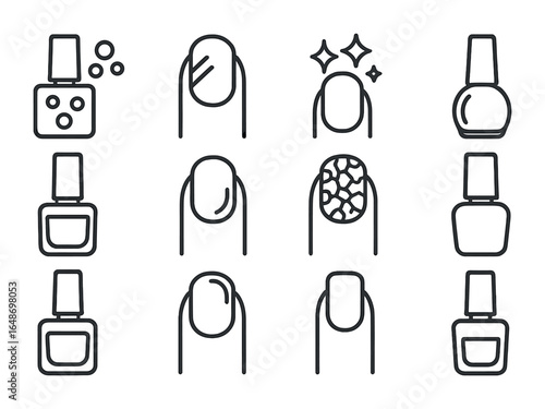 Nail Polish Icons. Outline vector icons of nail polish textures and finishes: glitter polish, matte coat,