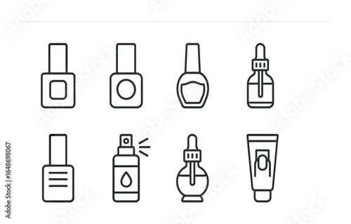 Nail Care Icons Grid. Outline vector icons of nail care essentials: base coat, top coat, nail strengthener,
