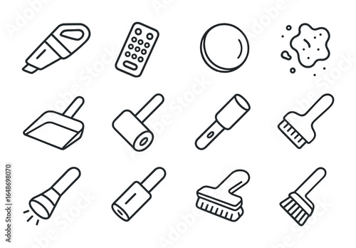 Cleaning Tools Icons. Outline vector icons of cleaning under couch cushions: handheld vacuum, lost remote,