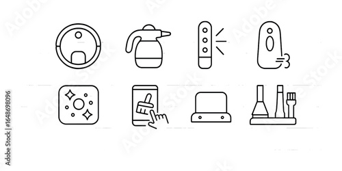 Smart Cleaning Icons. Outline vector icons of smart cleaning gadgets: robot vacuum, handheld steam cleaner, UV