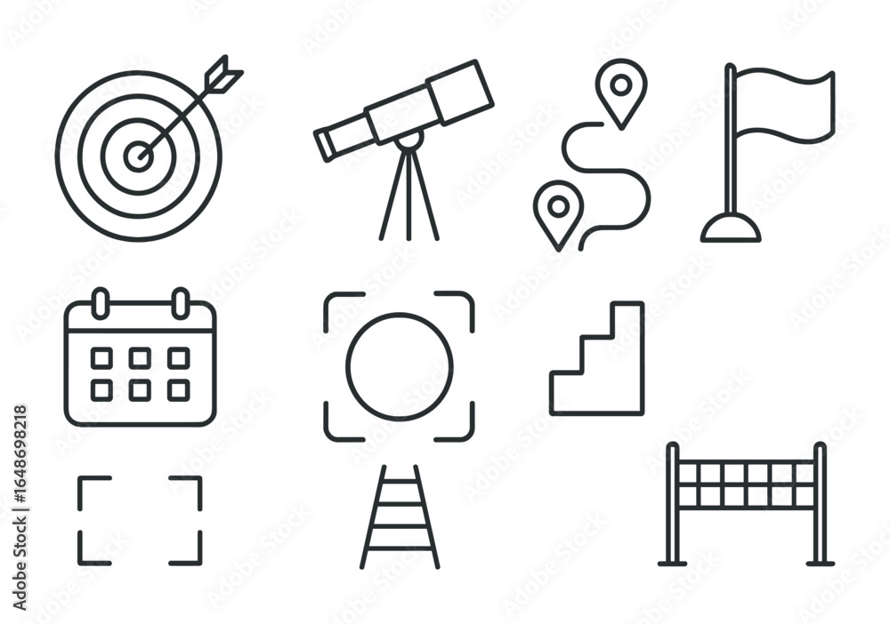 Fototapeta premium Goal Icons Grid. Outline vector icons of goal setting and vision: target board, vision telescope, roadmap icon