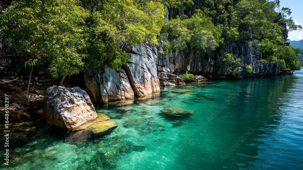 Naklejka premium Crystal-clear turquoise water laps the rocky shoreline.