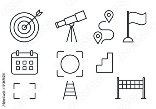 Goal Icons Grid. Outline vector icons of goal setting and vision: target board, vision telescope, roadmap icon