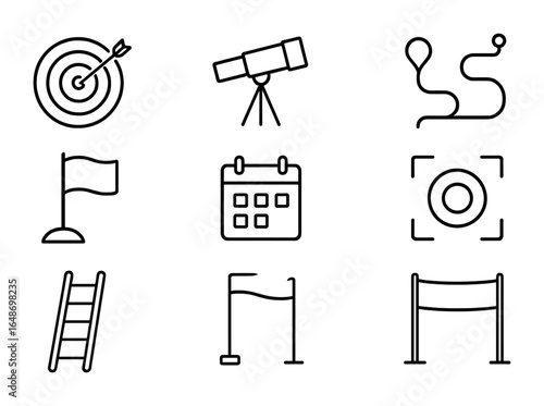 Goal Icons Grid. Outline vector icons of goal setting and vision: target board, vision telescope, roadmap icon