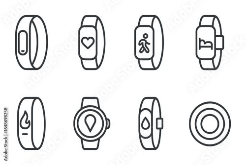 Fitness Tracker Icons. Outline vector icons of wearable fitness trackers: smart band, heart rate sensor, step