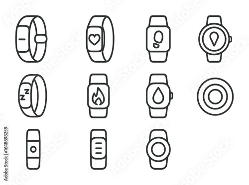 Fitness Tracker Icons. Outline vector icons of wearable fitness trackers: smart band, heart rate sensor, step