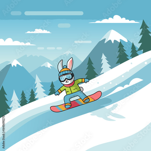 A cheerful cartoon rabbit in colorful winter gear wearing goggles and a hat while snowboarding downhill.