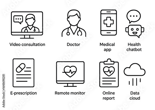 Telemedicine Icon Grid. Outline vector icons of telemedicine technologies: video consultation, doctor avatar,