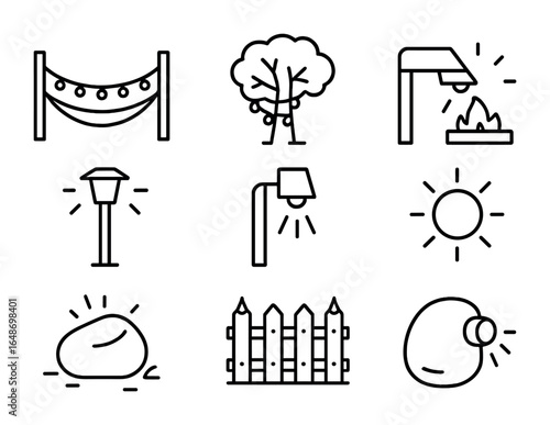 Backyard Lighting Icons. Outline vector icons of backyard ambiance lighting: hammock lights, tree wrap, fire