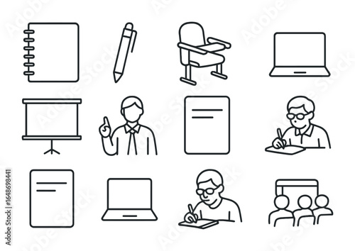 Lecture Hall Icons. Outline vector icons of a student taking notes in a lecture hall during a university class