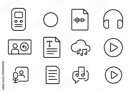 Lecture Recording Icons. Outline vector icons of lecture recording and review: voice recorder, recording dot,