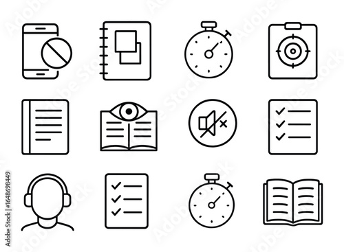 Study Habits Icons. Outline vector icons of focused study habits: distraction-free mode, note organizer, focus