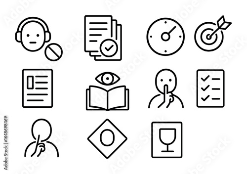 Study Habits Icons. Outline vector icons of focused study habits: distraction-free mode, note organizer, focus