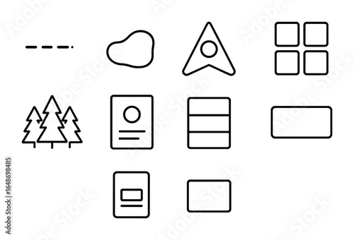 Map Legend Vector Icons. Outline vector icons of map legend symbols: trail type, water body, elevation marker,