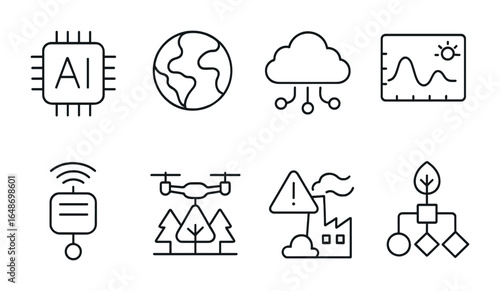 AI in Environmental Science. Outline vector icons of artificial intelligence and its role in environmental