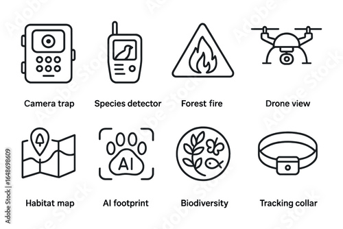 Forest Monitoring Icons. Outline vector icons of forest and wildlife monitoring with AI: camera trap, species