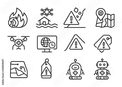 Environmental Disaster Icons. Outline vector icons of environmental disaster response AI: wildfire detection,