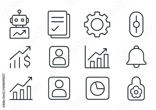 Trading Bot Dashboard Icons. Outline vector icons of user dashboards for trading bots: bot performance graph,