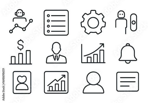 Trading Bot Dashboard Icons. Outline vector icons of user dashboards for trading bots: bot performance graph,