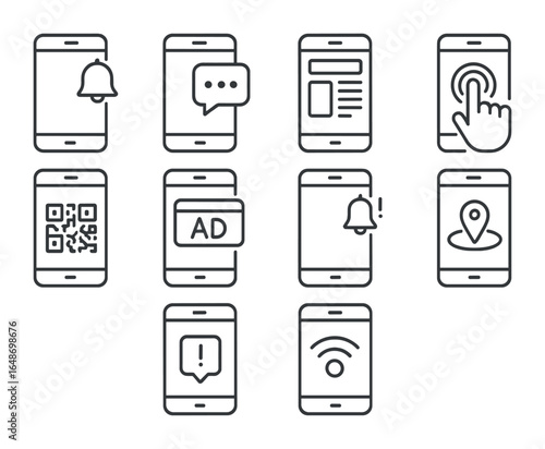Mobile Marketing Icons. Outline vector icons of mobile marketing strategies: app notification, SMS campaign,