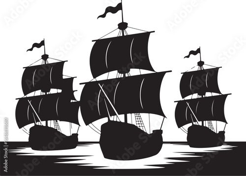 Three majestic tall ships sail across reflective waters