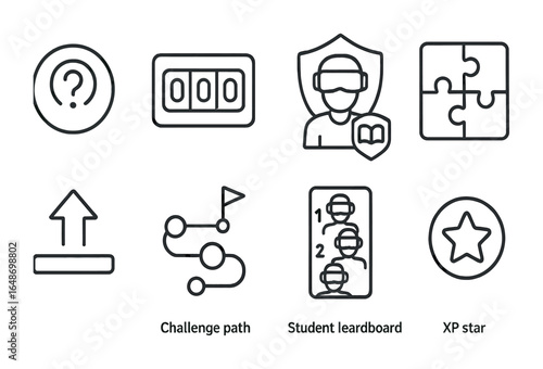 VR Education Icons. Outline vector icons of gamified education in VR: quiz token, score counter, learning