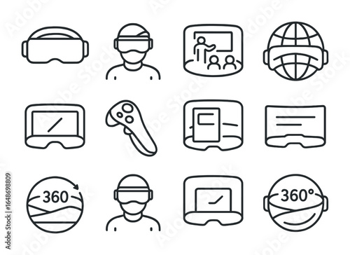 Virtual Reality Education Icons. Outline vector icons of virtual reality education: VR headset, student avatar