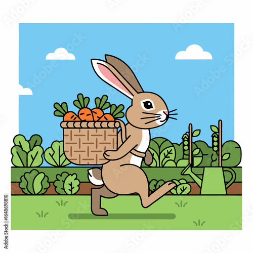 Cute cartoon rabbit with long ears carrying a woven basket of freshly picked carrots.