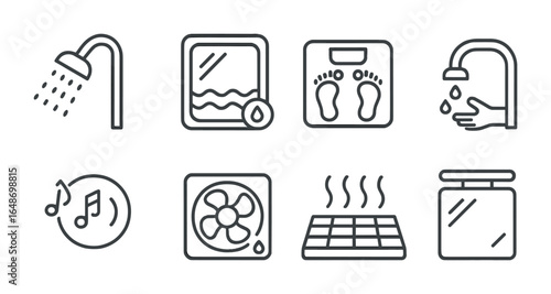 Smart Bathroom Icons. Outline vector icons of smart bathroom innovations: water-saving shower, fogless mirror,