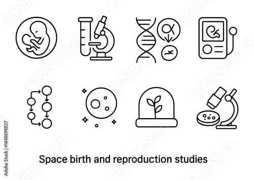 Space Reproduction Icons. Outline vector icons of space birth and reproduction studies: embryo icon, fertility