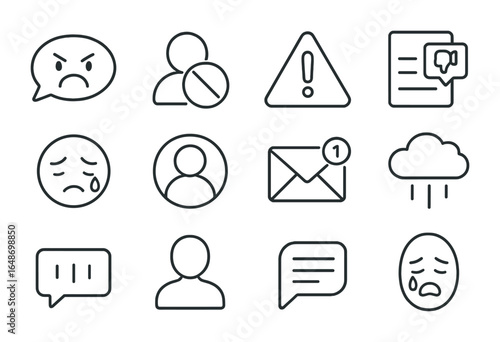 Cyberbullying Icons Grid. Outline vector icons of cyberbullying and digital stress: angry comment, blocked